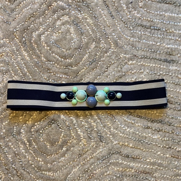 LOFT Accessories - LOFT Navy and White Striped Elastic Statement Belt with Pastel Bead Accent